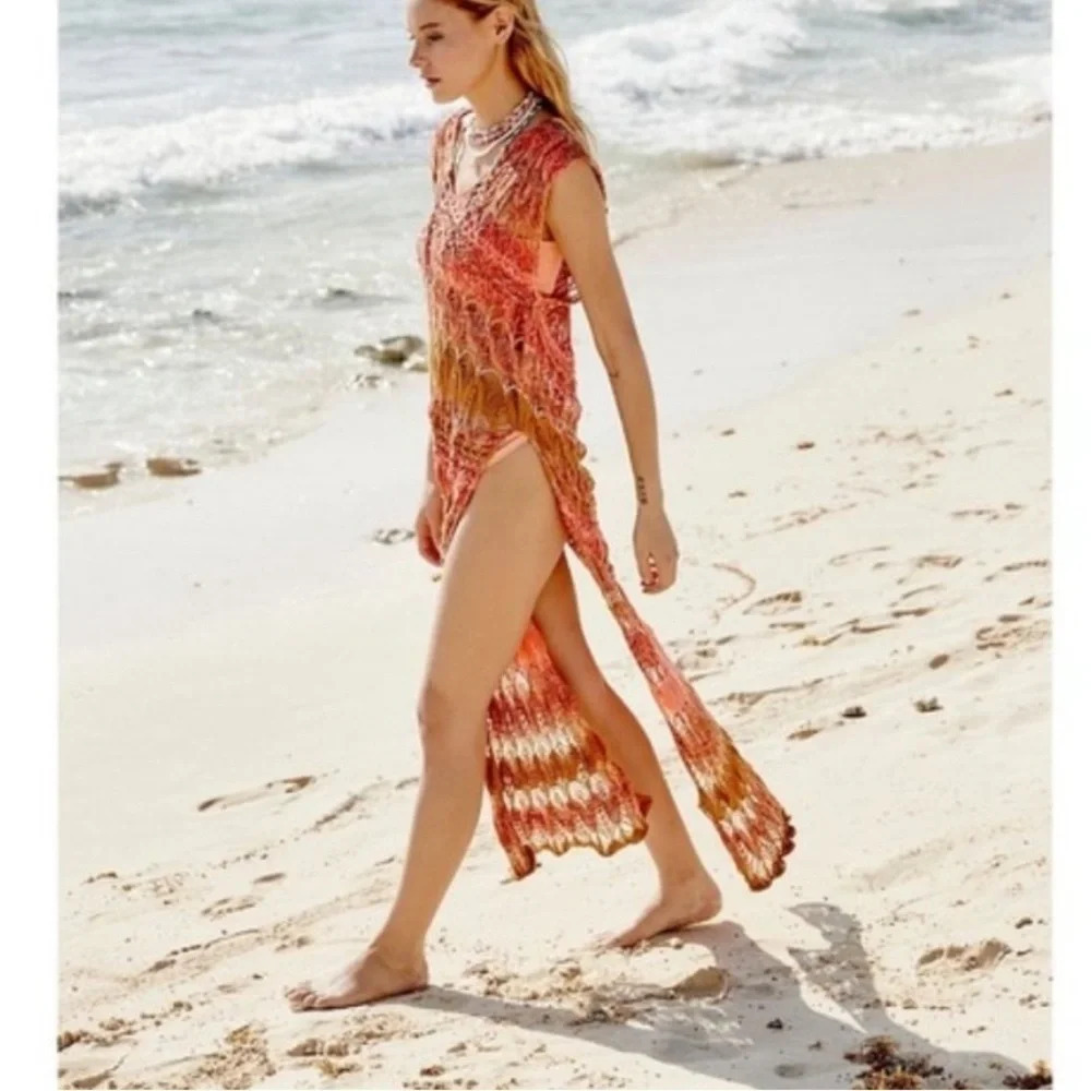 Free People Flames Maxi Tunic Cover Up M/L vacation resort wear
